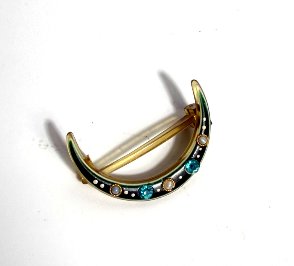 Vintage Crescent Moon Brooch Green Enamel Blue Rhinestone Faux Pearl Pin